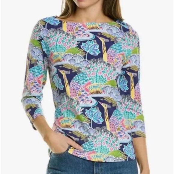 J. McLaughlin NWOT Wavesong Sz L Tee Catalina Cloth Paradise Peacock 3/4 Slv Top - Picture 1 of 7